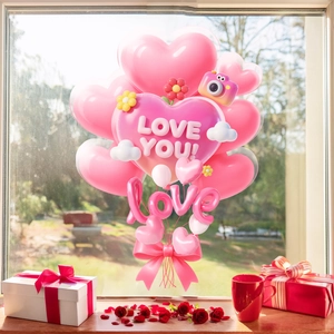 Stickers ballons cœur rose au design 3D avec texte LOVE YOU pour déco Saint Valentin