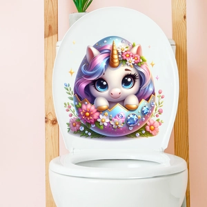 Adesivo unicorno in uovo colorato con fiori su sedile WC bianco per decoro bagno