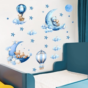 Cartoon teddy bear moon wall stickers with balloons for kids bedroom decor