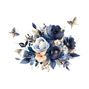 Elegant blue and white floral wall sticker set with golden leaves and butterflies