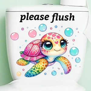Cartoon Sea Turtle Toilet Seat Sticker PVC Waterproof Self Adhesive Please Flush Sign Wall Decal For Bathroom Decor