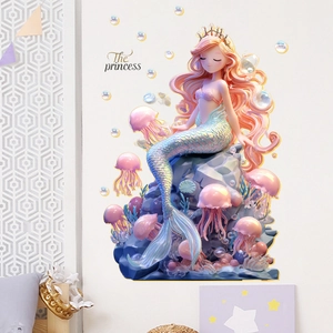 3D Mermaid wall decal with pink jellyfish and bubbles for kids bedroom decoration