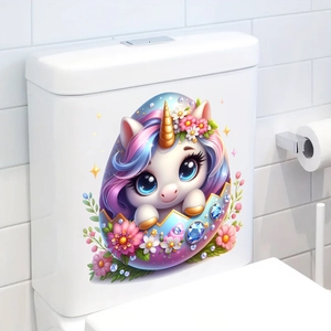 Adesivo 3D con unicorno e fiori in guscio d'uovo viola per decoro bagno e toilette