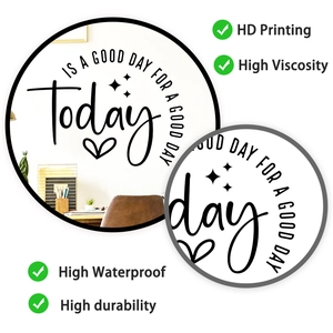 Detail showing waterproof 'Today IS A GOOD DAY' wall sticker with artistic black lettering