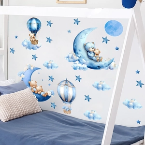 Cartoon bear on moon and hot air balloon wall stickers for nursery and kids' bedroom decor