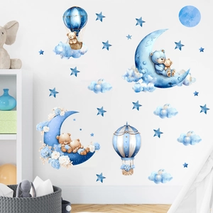 Detailed view of watercolor bear and hot air balloon wall stickers in a nursery setting