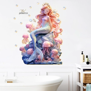 Mermaid underwater world wall sticker with pink jellyfish bubbles for girls' bedroom