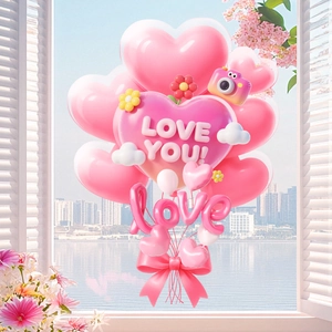 Détail de ballons cœur 3D rose avec texte Love You et vue sur la ville par la fenêtre