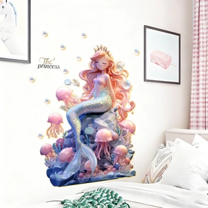 Detail showing cartoon mermaid princess and pink jellyfish wall stickers in a girl's bedroom