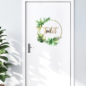 Toilet Sign Wall Sticker Tropical Leaves Golden Geometric Hexagon PVC Waterproof Self Adhesive Door Decal Home Decor