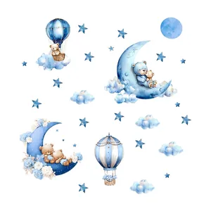 Cartoon bears on moon and hot air balloon wall stickers for kids nursery decor