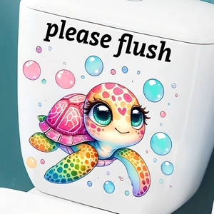 Macro view of cartoon turtle sticker with Please Flush text on white ceramic surface