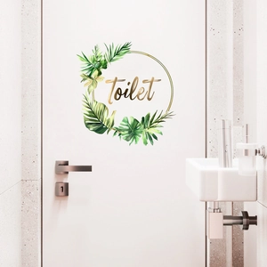Tropical green leaf round wall sticker with golden Toilet text for bathroom door decor