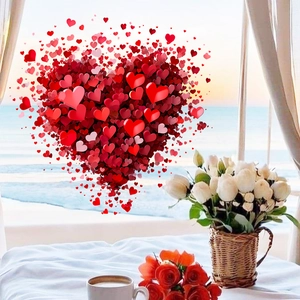 Romantic heart window stickers for bedroom glass decor featuring sunset sea view and flowers