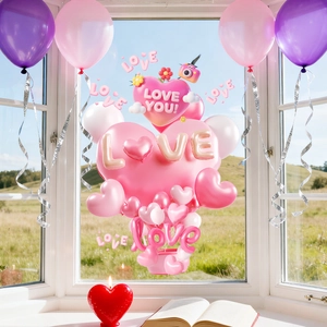 Autocollants de ballons cœur rose et lettres LOVE pour décoration de vitre Cupidon