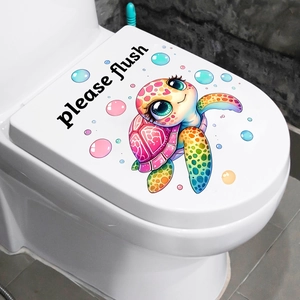 Detail of cartoon turtle toilet sticker with please flush text and colorful bubbles