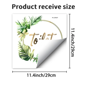 Detail view of tropical green leaf wall decal with Toilet lettering and size dimensions