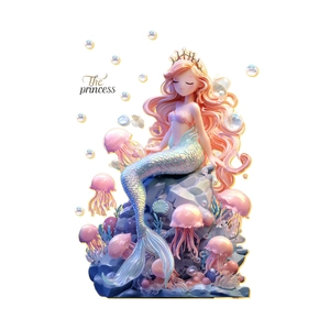 3D mermaid princess wall sticker with pink hair and golden crown for kids room decor