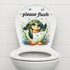 Cartoon sea turtle toilet seat decal with Please Flush text and coral sea world art