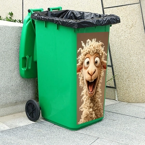 Outdoor green bin detail featuring waterproof cartoon sheep decal on durable PVC material