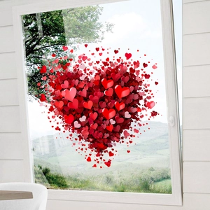 Romantic red and pink heart window clings for bedroom glass decor in scenic outdoor setting