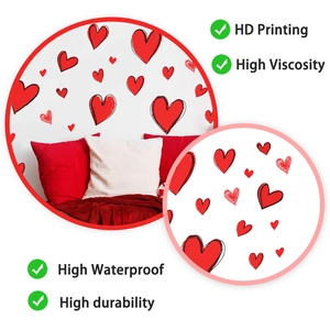 Detail of waterproof red heart wall stickers featuring HD printing and high viscosity adhesive
