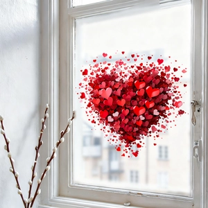 Romantic heart-shaped window decals for Valentine's Day decor on glass surface