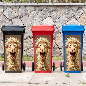 Three outdoor trash cans with funny alpaca stickers in black, red and blue colors