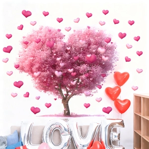 Pink heart tree wall decal with scattered heart stickers for romantic room decoration