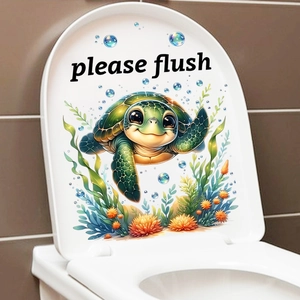 Detail of waterproof sea turtle toilet lid sticker with Please Flush reminder text