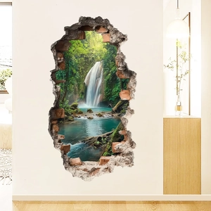Creative 3D wall sticker featuring a forest waterfall landscape for home decoration