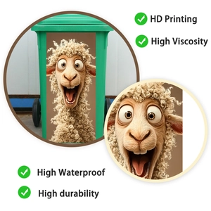 Detail of funny alpaca waterproof PVC sticker with high-definition print on trash bin