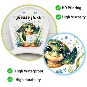 Detail showing 3D cartoon turtle toilet sticker with HD printing and please flush text