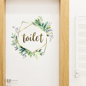 Creative toilet door sticker with green leaves, floral design and golden hexagon frame