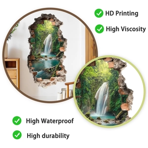 Detail showing 3D cracked wall effect sticker with tropical waterfall landscape and HD printing