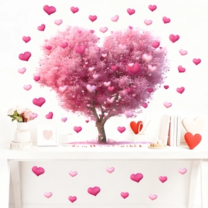 Romantic pink heart tree wall decals set for bedroom decor with individual heart stickers