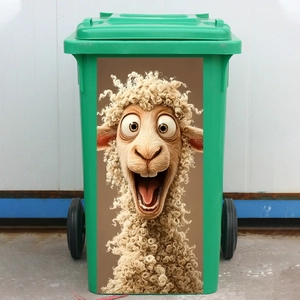 Detail of 3D cartoon animal sticker on green plastic trash bin outdoor waterproof PVC