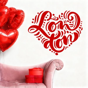 Red heart-shaped wall sticker with London text art for romantic bedroom decor