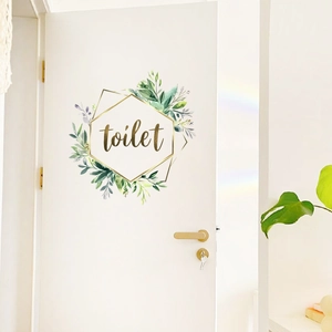 Green leaves floral hexagon toilet wall sticker for bathroom door home decor