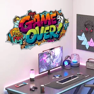 Colorful 3D wall sticker featuring Game Over text and gamepad for gamer room decor