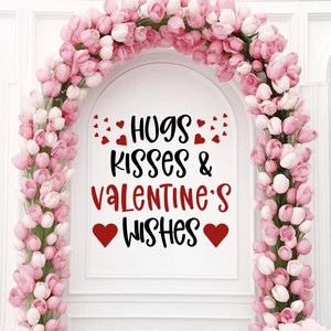 Hugs Kisses & Valentine's Wishes wall stickers with red hearts and tulip floral frame
