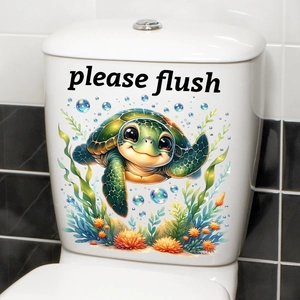 Close-up of cute cartoon sea turtle toilet decal with "Please Flush" text and corals