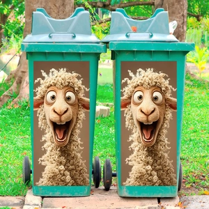 Waterproof PVC outdoor trash can stickers featuring a 3D funny alpaca animal design