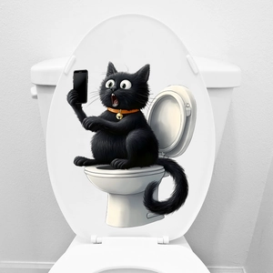 Funny Black Cat Sitting On Toilet Using Phone Waterproof PVC Self Adhesive Bathroom Toilet Lid Decor Wall Sticker Decal