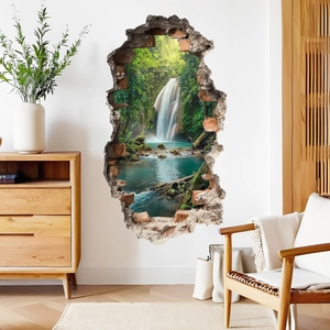3D tropical waterfall landscape wall sticker with a creative broken wall effect design