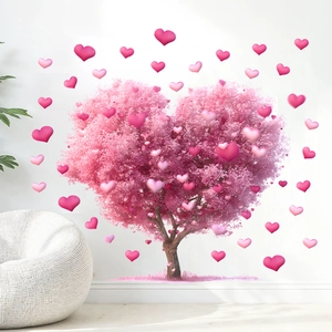 Romantic pink heart tree wall sticker for living room bedroom decor with 3D butterflies