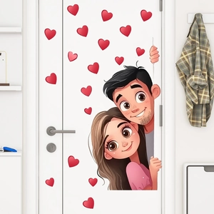 Adesivo per Porta Coppia Cartoon Romantica Cuore Amore PVC Impermeabile Murale per Camera da Letto Soggiorno Decorazione San Valentino