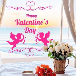 Pink Happy Valentine's Day window stickers with Cupid silhouette against a sunset beach