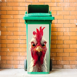 Outdoor green wheeled trash bin with a large decorative rooster head PVC decal on brick wall