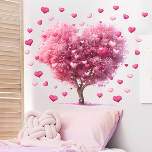 Pink heart-shaped cherry blossom tree wall stickers set for romantic bedroom decoration